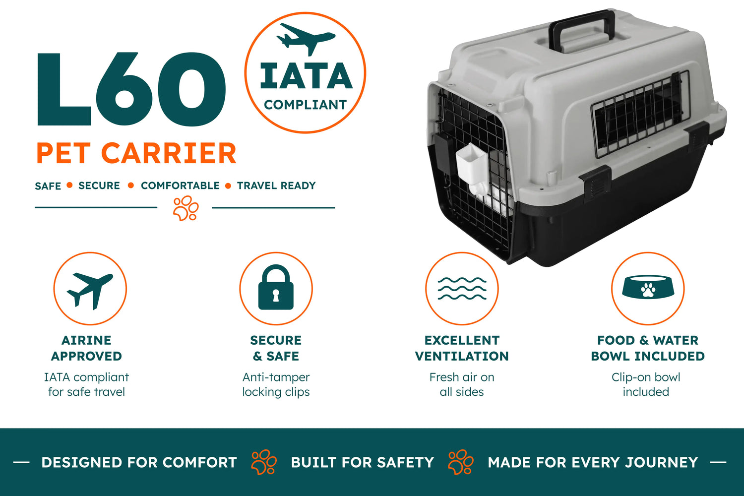 Doghealth Pet Carrier Plastic Pet & Airline Carrier 60.7cm L x 40cm W x 40.5cm H - in accordance with transporting live animals