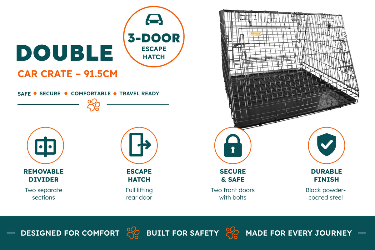 Dog Crate 3-Door Car Crate with Escape Hatch - Double with Divider