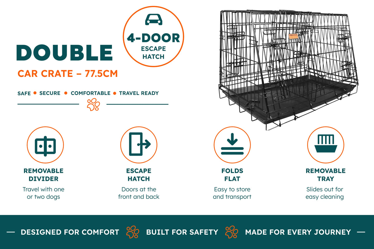 Dog Crate - 4-Door Car Crate with Escape Hatch - Double with Divider (Various Sizes)