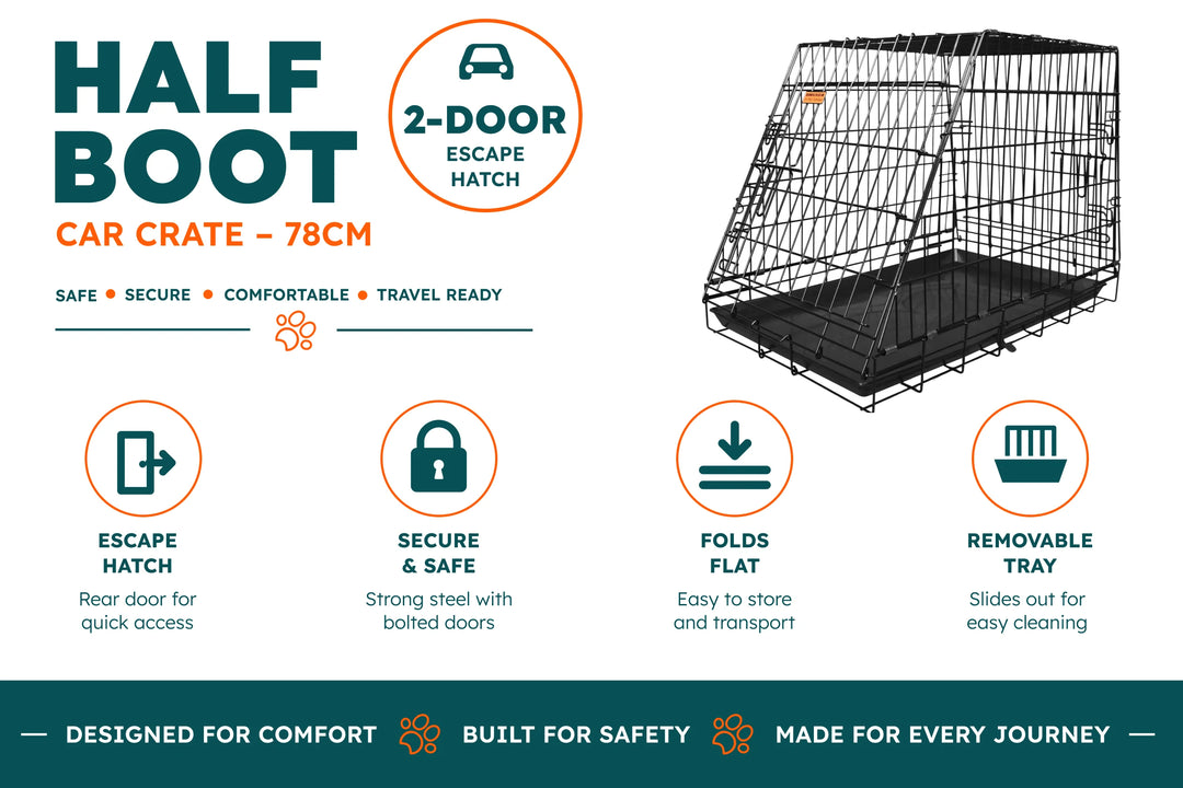 Dog Crate - 2-Door Car Crate with Escape Hatch - Half Boot (Various Sizes)