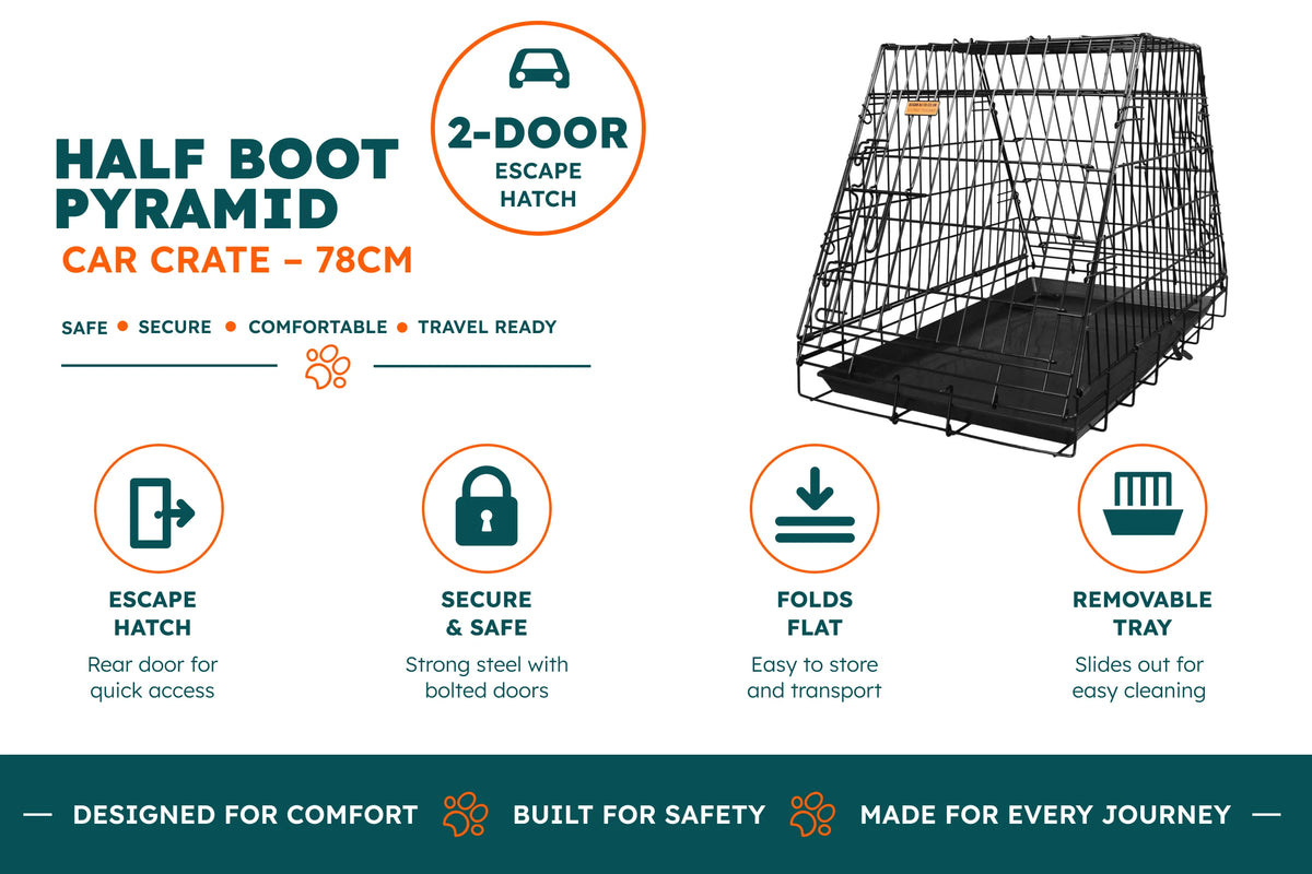Dog Crate - 2-Door Car Crate with Escape Hatch - Half Boot Pyramid (Various Sizes)